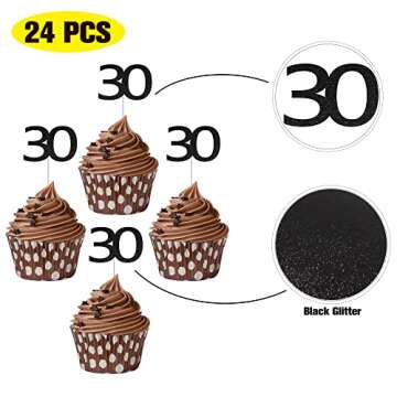 Sumerk 24PCS 30 Cupcake toppers Black Glitter 30th Birthday Cupcake Picks Anniversary Party Decorati...