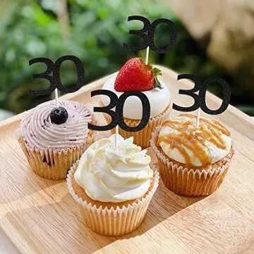 Sumerk 24PCS 30 Cupcake toppers Black Glitter 30th Birthday Cupcake Picks Anniversary Party Decorations