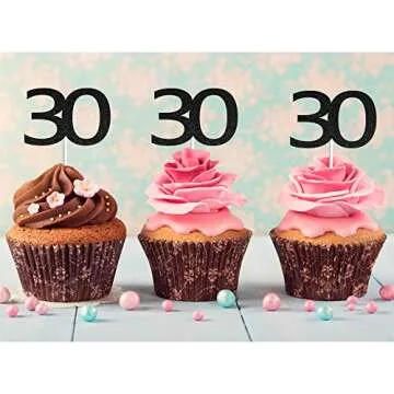 Sumerk 24PCS 30 Cupcake toppers Black Glitter 30th Birthday Cupcake Picks Anniversary Party Decorations