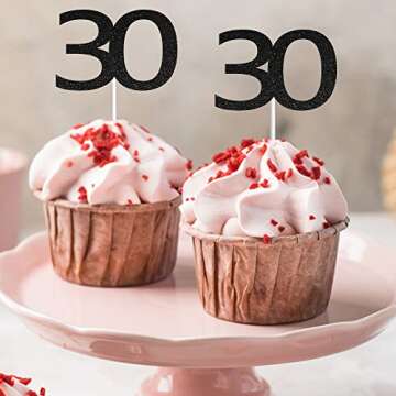 Sumerk 24PCS 30 Cupcake toppers Black Glitter 30th Birthday Cupcake Picks Anniversary Party Decorations