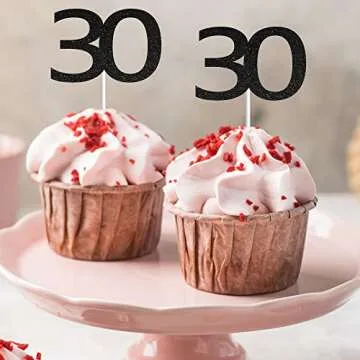 Sumerk 24PCS 30 Cupcake toppers Black Glitter 30th Birthday Cupcake Picks Anniversary Party Decorations