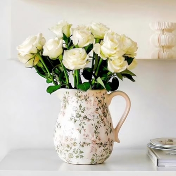 Vintage Beige and Green Floral Ceramic Vase with Handle, Retro Ice Glazed Crack Farmhouse Pitcher Va...