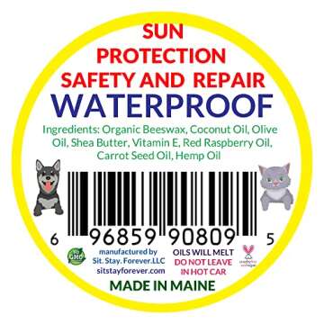 SIT. STAY. FOREVER. SAFETY FIRST PET PRODUCTS Organic Sunscreen & Moisturizer for Dogs and Cats, 2 oz, All Natural, Waterproof, Red Raspberry Seed, Carrot Seed and Hemp Oils, Made in Maine