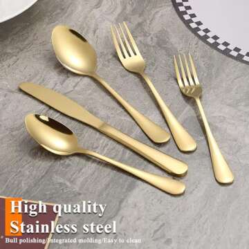 Silverware Set 60 Pieces Service for 12, ReaNea Gold Flatware Set, Titanium Plating Cutlery Set Include Dinner Knives, Dinner Spoons, Dinner Forks, Teaspoons, Salad Forks, Dishwasher Safe