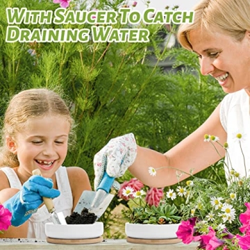 ZOUTOG Succulent Pots, 6 inch White Ceramic Flower Planter Pot with Bamboo Tray, Pack of 2 - Plants Not Included