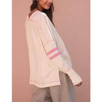 Gozoloma Women's Oversized Long Sleeve Tee Shirt Tshirt Pull-on Basic V Neck T Shirt Blouse Tunic Top with Thumbholes(0774-WhitePink-XL)