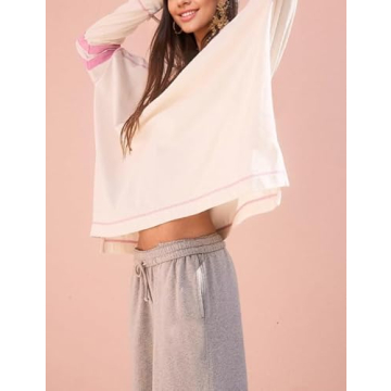 Gozoloma Women's Oversized Long Sleeve Tee Shirt Tshirt Pull-on Basic V Neck T Shirt Blouse Tunic Top with Thumbholes(0774-WhitePink-XL)