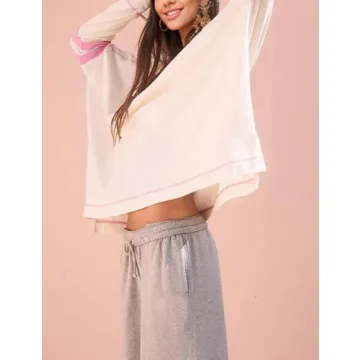 Gozoloma Women's Oversized Long Sleeve Tee Shirt Tshirt Pull-on Basic V Neck T Shirt Blouse Tunic Top with Thumbholes(0774-WhitePink-XL)