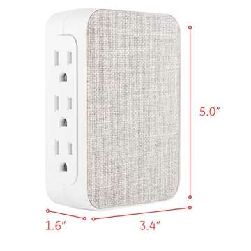 GE Pro 6-Outlet Extender, Surge Protector, Side Access, Fabric Wall Tap Adapter, 3-Prong, 1200 Joules, Warranty, UL Listed, White/Gray, 43435
