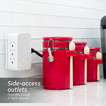 GE Pro 6-Outlet Extender, Surge Protector, Side Access, Fabric Wall Tap Adapter, 3-Prong, 1200 Joules, Warranty, UL Listed, White/Gray, 43435