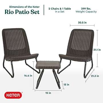 Keter Rio 3 Piece Resin Wicker Patio Furniture Set with Side Table and Outdoor Chairs for Front Porch and Backyard Decor, Brown