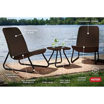 Keter Rio 3 Piece Resin Wicker Patio Furniture Set with Side Table and Outdoor Chairs for Front Porch and Backyard Decor, Brown