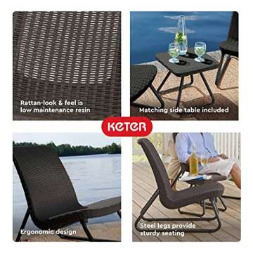 Keter Rio 3 Piece Resin Wicker Patio Furniture Set with Side Table and Outdoor Chairs for Front Porch and Backyard Decor, Brown