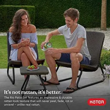 Keter Rio 3 Piece Resin Wicker Patio Furniture Set with Side Table and Outdoor Chairs for Front Porch and Backyard Decor, Brown