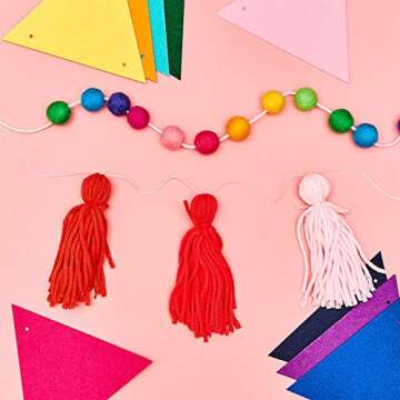 5 Pieces Colorful Garland Banner Rainbow Felt Balls Garland Christmas Tassel Triangle Flags Banners Christmas Pom Pom Garland for Mantel Room Wall Nursery Holiday Decoration