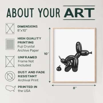 Black Bathroom Wall Decor - Bathroom Decor for Men - funny Bathroom Signs - Modern Bathroom Balloon Dog Pop art - Retro style Wall Decor - Funky Trendy Minimalist Dorm Decor - Black and White Wall Art