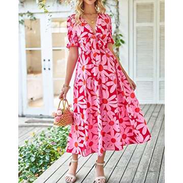 BTFBM Summer Boho Dress Tie Front Deep V Neck Floral