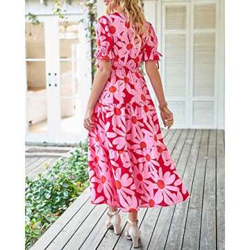 BTFBM Summer Boho Dress Tie Front Deep V Neck Floral