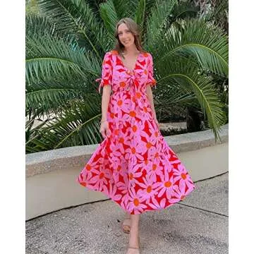 BTFBM Summer Boho Dress Tie Front Deep V Neck Floral
