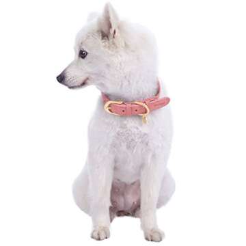 Blueberry Pet Soft & Comfy Genuine Full Grain Leather & Polyester Combo Adjustable Dog Collar - Classic Staple Striped in Pink and Grey, Small, Neck 12"-15"
