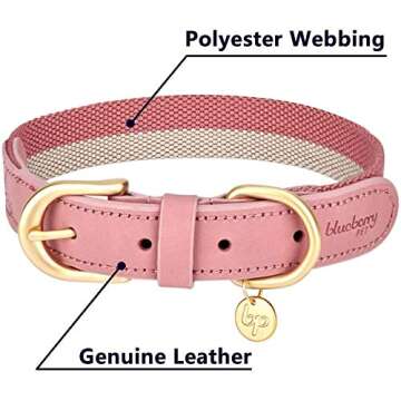 Blueberry Pet Soft & Comfy Genuine Full Grain Leather & Polyester Combo Adjustable Dog Collar - Classic Staple Striped in Pink and Grey, Small, Neck 12"-15"