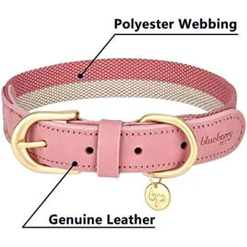 Blueberry Pet Soft & Comfy Genuine Full Grain Leather & Polyester Combo Adjustable Dog Collar - Classic Staple Striped in Pink and Grey, Small, Neck 12"-15"