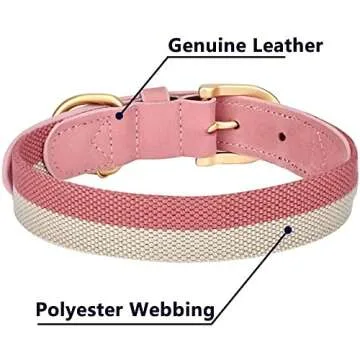 Blueberry Pet Soft & Comfy Genuine Full Grain Leather & Polyester Combo Adjustable Dog Collar - Classic Staple Striped in Pink and Grey, Small, Neck 12"-15"