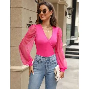 Fayenne Womens Mesh Long Sleeve Shirts Deep V Neck Tops Cross Wrap Sexy Tops Polka Dot T Shirt 2024 Casual Blouses Hot Pink