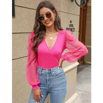 Fayenne Womens Mesh Long Sleeve Shirts Deep V Neck Tops Cross Wrap Sexy Tops Polka Dot T Shirt 2024 Casual Blouses Hot Pink