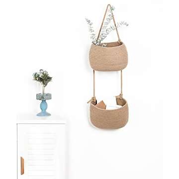 Over The Door Hanging Basket, 2 Tier Cotton Rope Woven Wall Basket, Magazine Racks Hanging Organizer, Decorative Hanging Storage Baskets for Organizing Living Room, Bathroom and Bedroom (Jute)