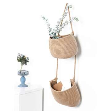 Over The Door Hanging Basket, 2 Tier Cotton Rope Woven Wall Basket, Magazine Racks Hanging Organizer, Decorative Hanging Storage Baskets for Organizing Living Room, Bathroom and Bedroom (Jute)