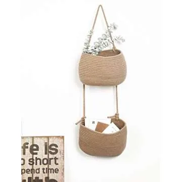 Over The Door Hanging Basket, 2 Tier Cotton Rope Woven Wall Basket, Magazine Racks Hanging Organizer, Decorative Hanging Storage Baskets for Organizing Living Room, Bathroom and Bedroom (Jute)