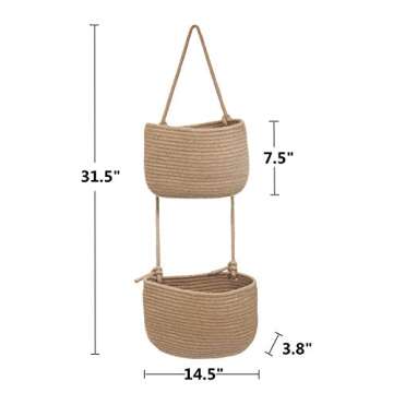 Over The Door Hanging Basket, 2 Tier Cotton Rope Woven Wall Basket, Magazine Racks Hanging Organizer, Decorative Hanging Storage Baskets for Organizing Living Room, Bathroom and Bedroom (Jute)
