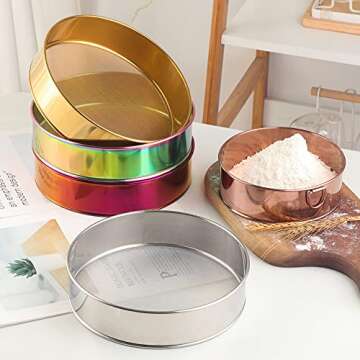 QIBOORUN 2 Pack 304 Stainless Steel Fine Flour Sieve,80 Mesh 6 Inch/ 8 Inch/Baking Fine Mesh Strainer for Bake Decorate Cakes,Pies,Pastries,Cupcakes,Round Sifter for Straining Powdering-Rainbow Color