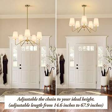 Stylish 5-Light Chandelier with White Shades - Adjustable Height - Elegant Design for Varied Setting...