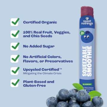 Sweet Nothings, Blueberry, USDA Organic Kids' Squeezable Super Fruit Smoothie Freezie Pops, Value Pack of 24 - Dye-Free, No Added Sugar, Dairy-Free, Vegan, Healthy Organic Fruit and Veggie Pops, Freeze & Enjoy