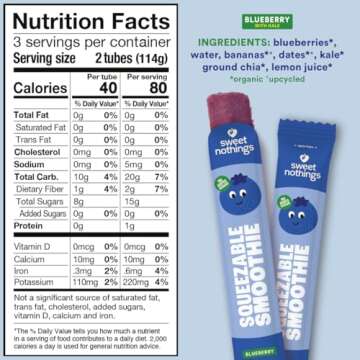 Sweet Nothings, Blueberry, USDA Organic Kids' Squeezable Super Fruit Smoothie Freezie Pops, Value Pack of 24 - Dye-Free, No Added Sugar, Dairy-Free, Vegan, Healthy Organic Fruit and Veggie Pops, Freeze & Enjoy