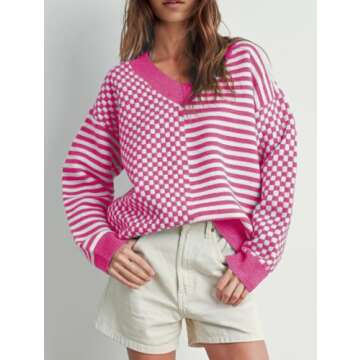 UNCLECAT Women's Striped Checkered Sweater 2024 V Neck Fall Sweaters Casual Knit Trendy Pullover Top...