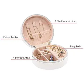 Soddeph Travel Jewelry Box, Mini Portable Organizer Travel Case with Zipper, Faux PU Leather Small Storage Boxes for Rings, Earrings, Necklaces, Bracelets, Gift for Women Girls (Round-White)