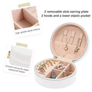 Soddeph Travel Jewelry Box, Mini Portable Organizer Travel Case with Zipper, Faux PU Leather Small Storage Boxes for Rings, Earrings, Necklaces, Bracelets, Gift for Women Girls (Round-White)