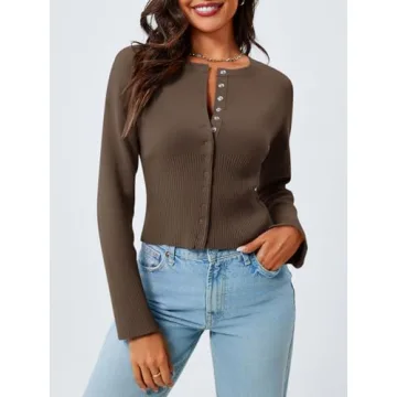 Saodimallsu Womens Cropped Sweaters Button Down Long Sleeve V Neck Ribbed Knit Slim Fit Pullover Crop Tops Brown