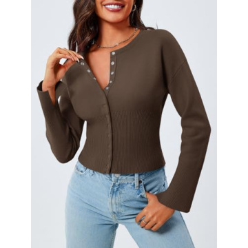 Saodimallsu Womens Cropped Sweaters Button Down Long Sleeve V Neck Ribbed Knit Slim Fit Pullover Crop Tops Brown