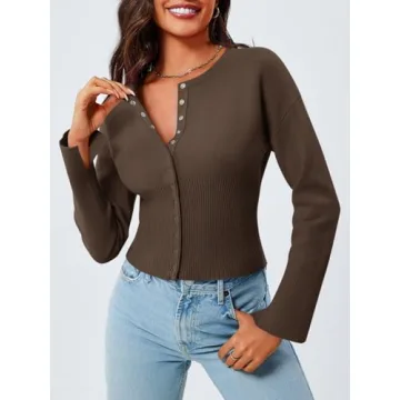 Saodimallsu Womens Cropped Sweaters Button Down Long Sleeve V Neck Ribbed Knit Slim Fit Pullover Crop Tops Brown