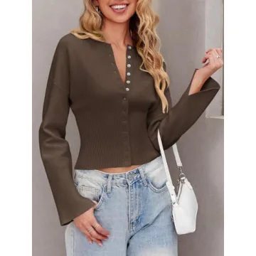 Saodimallsu Womens Cropped Sweaters Button Down Long Sleeve V Neck Ribbed Knit Slim Fit Pullover Crop Tops Brown