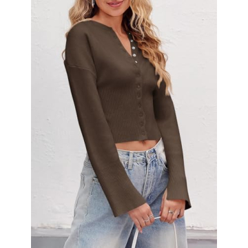 Saodimallsu Womens Cropped Sweaters Button Down Long Sleeve V Neck Ribbed Knit Slim Fit Pullover Crop Tops Brown