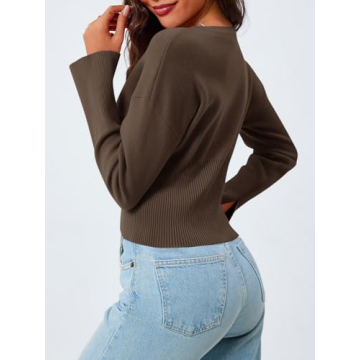 Saodimallsu Womens Cropped Sweaters Button Down Long Sleeve V Neck Ribbed Knit Slim Fit Pullover Crop Tops Brown