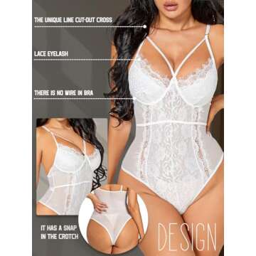 Buitifo Womens Sexy Bodysuit Lingerie One Piece Babydoll V Neck Teddy Snap Crotch (M,White)