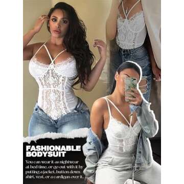 Buitifo Womens Sexy Bodysuit Lingerie One Piece Babydoll V Neck Teddy Snap Crotch (M,White)