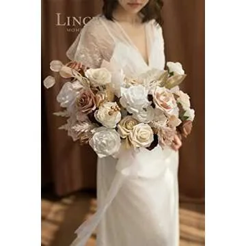 Ling's Moment Artificial Flowers 50Pcs Cream Roses Decor w/Stems,3" Real Touch DIY Foam Floral for Wedding Bouquet/Centerpieces, Outdoors Party Backdrop, Room/Table, and Garden/Pot Decorations