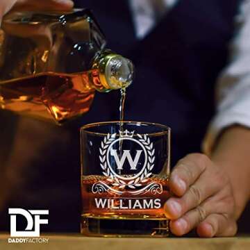 DADDY FACTORY Personalized Whiskey Glass, Engraved Monogram Rocks Cocktail Glass, 10.25 oz Custom Bourbon Gift For Men